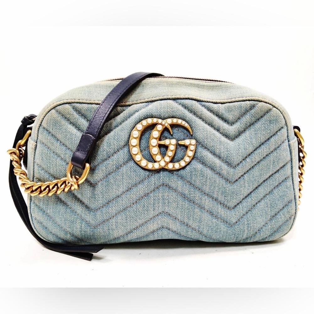 Gorgeous Denim Gucci Marmont Crossbody Bag with Pearl Logo! Authentic